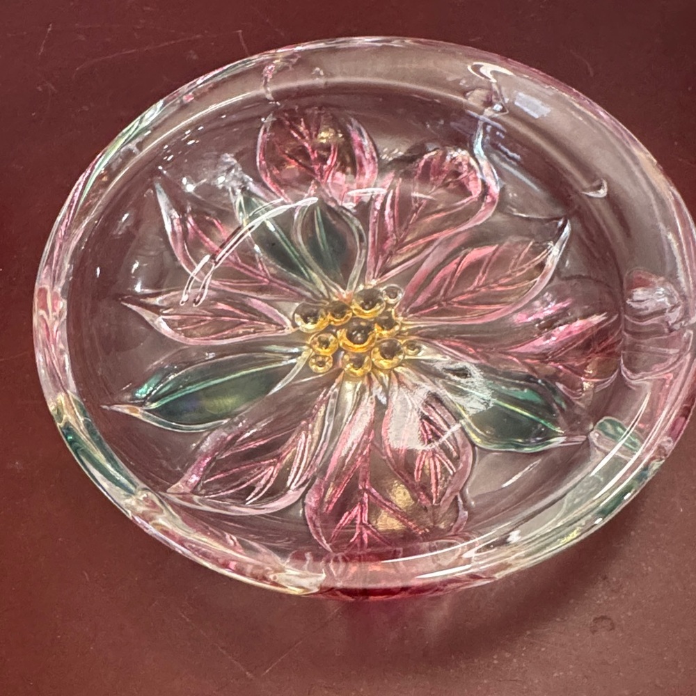 Mikasa Pink Poinsettia Candy Trinket Dish Christmas Decor Round Glass 5"